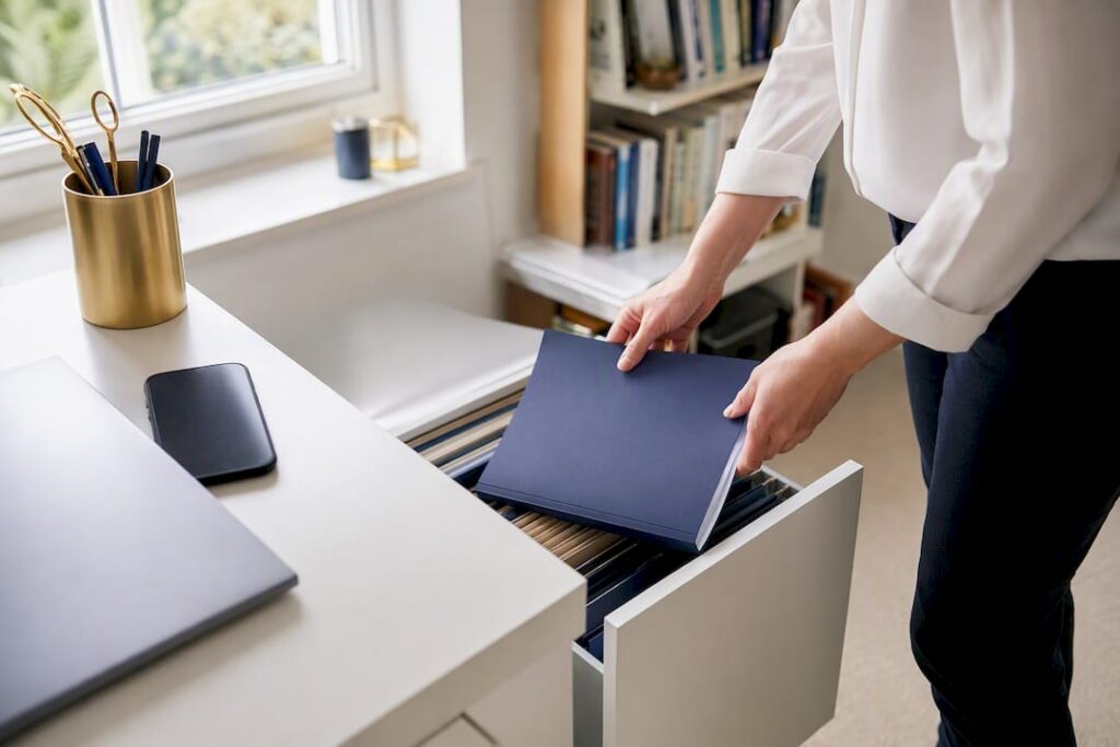 Hands filing blue folder in filing cabinet