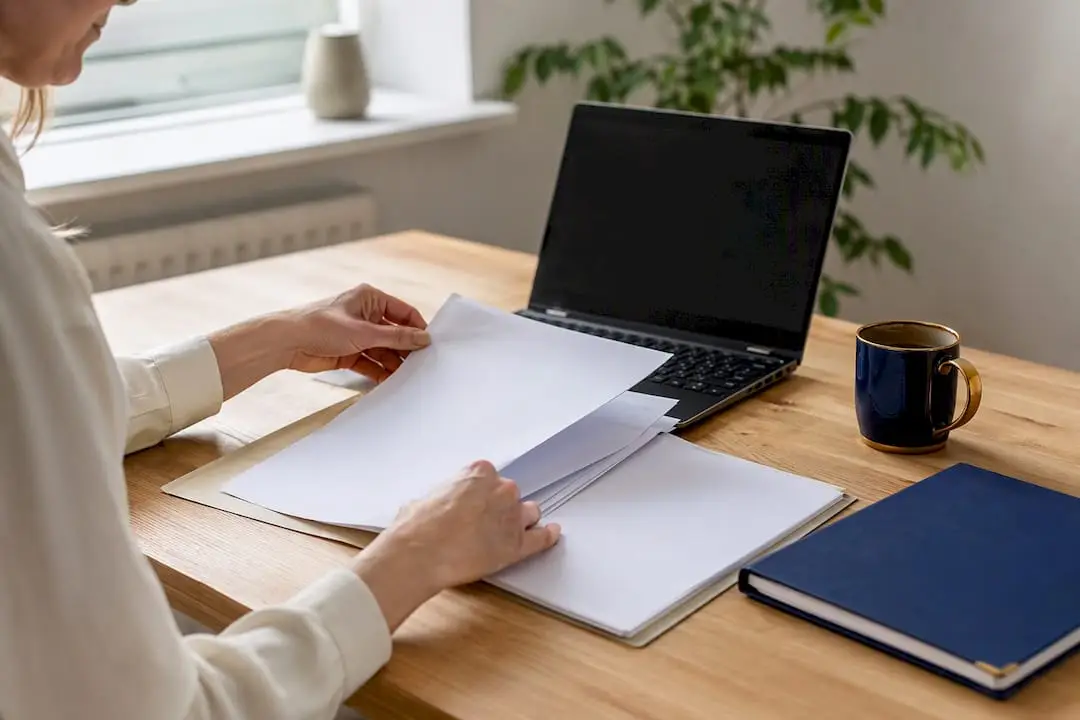 Hands arranging onboarding documents on table