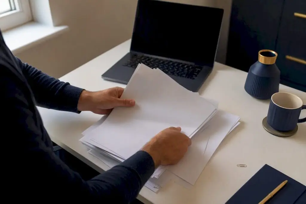 Hands sorting CIS monthly return papers on desk