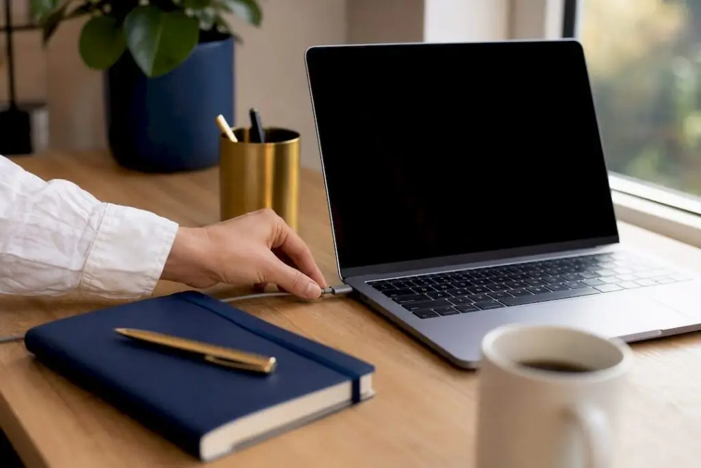 Hands plugging laptop charger in home office