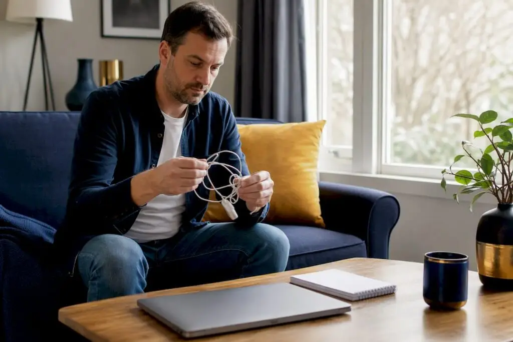 Hands plugging smartphone charger by desk