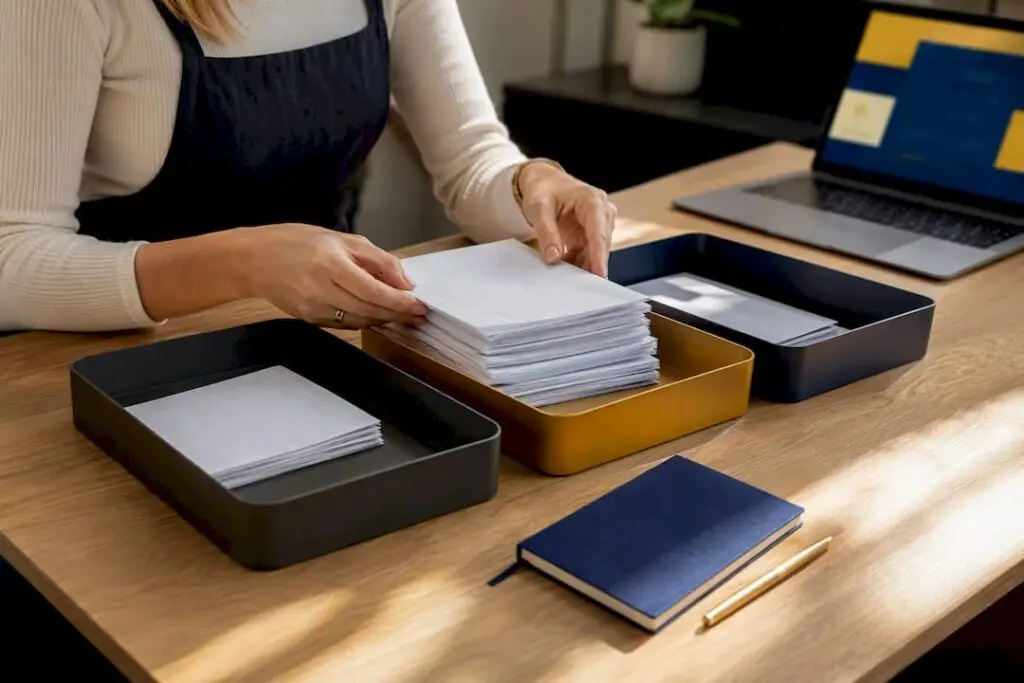 Small business bookkeeping records organised on table