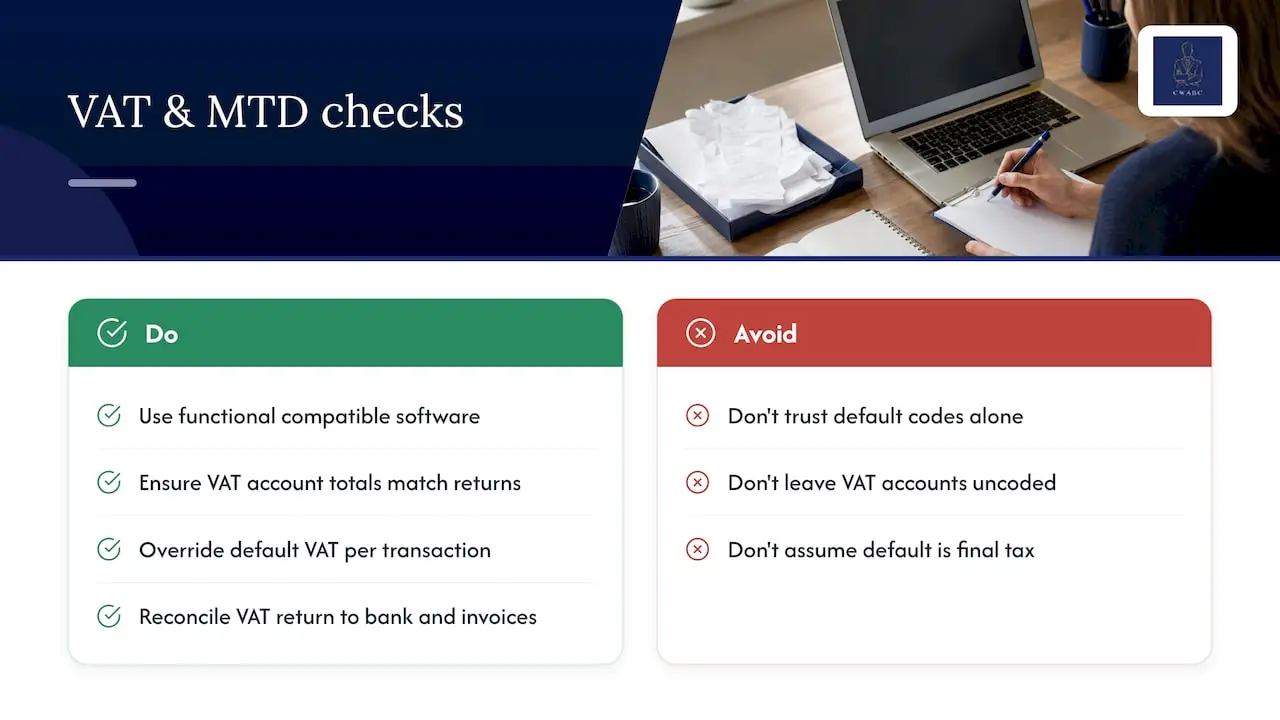 VAT, Making Tax Digital and account default tax rates: what to check — overview diagram