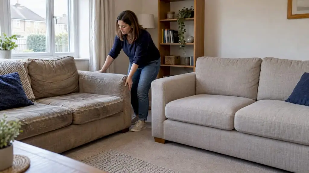 Landlord comparing old and replacement sofas