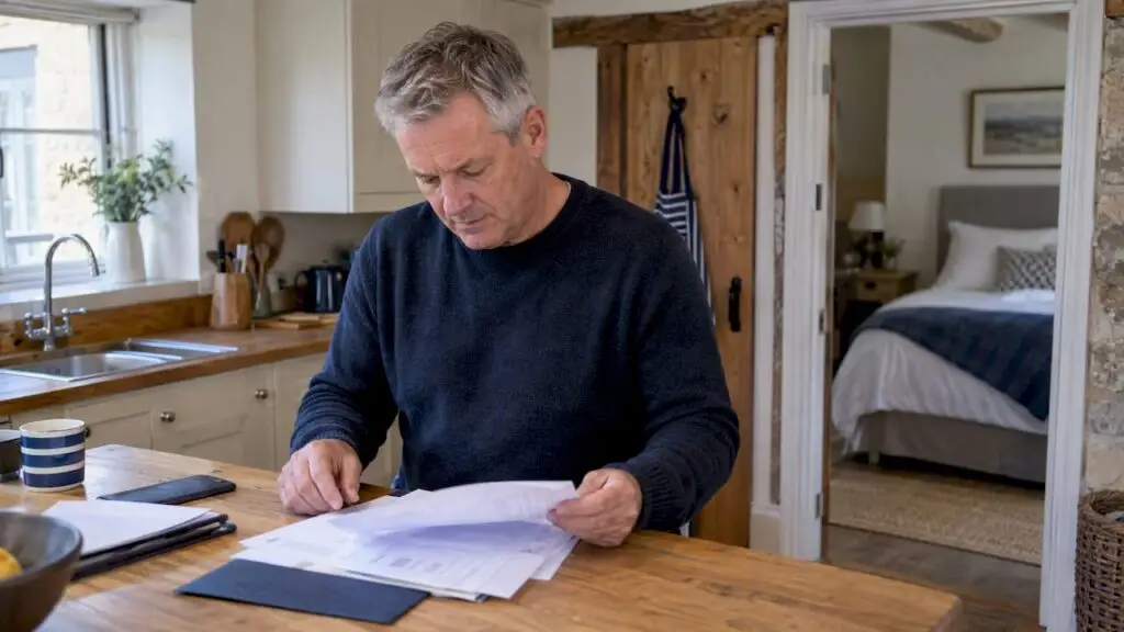 Landlord sorting records inside a holiday let
