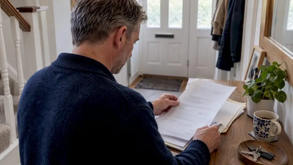 Homeowner sorting property records and keys