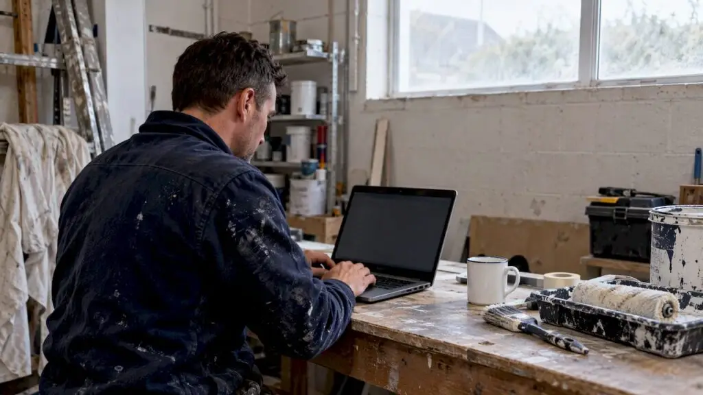 Decorator entering quarterly totals in bookkeeping software