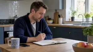 Sole trader reviewing a paper diary