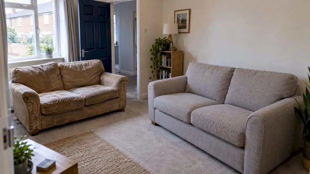 Worn sofa beside its replacement in rental