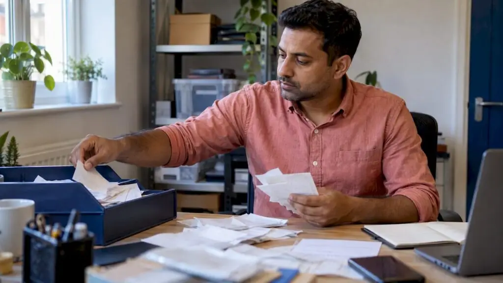 Sole trader sorting bookkeeping records into a file tray
