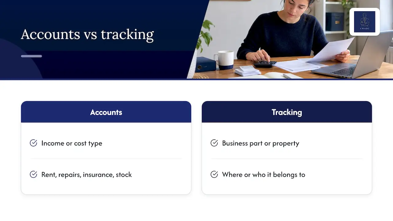Accounts classify costs; tracking identifies business parts