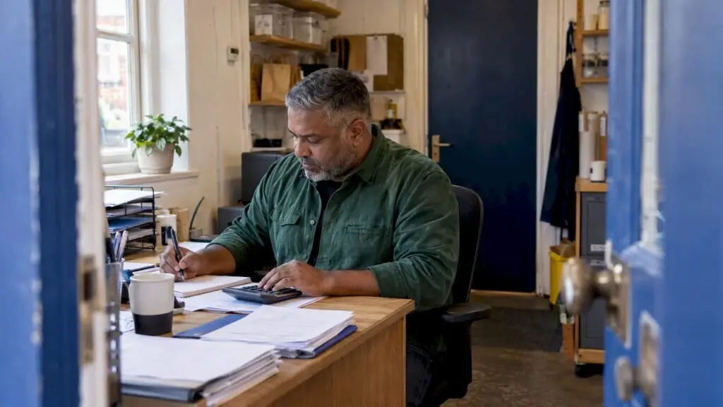 Shop owner reviewing business accounts after Budget